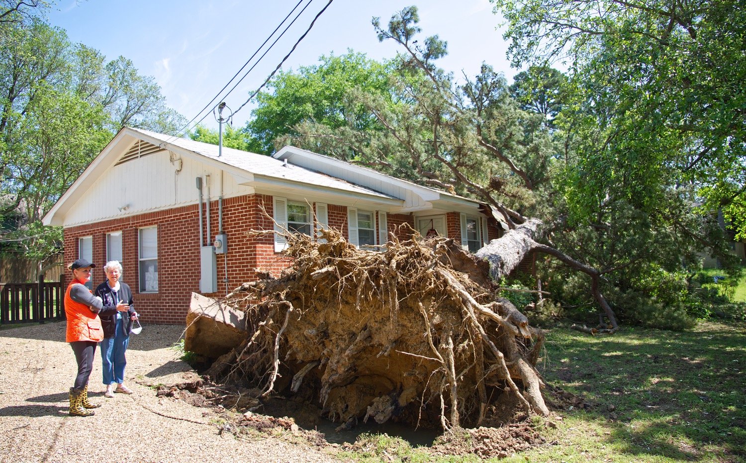 Christine Creswell, right, stands with Allene Doggett next to the uprooted pine that fell onto the front of Creswell’s house during a storm on Sunday in Mineola.